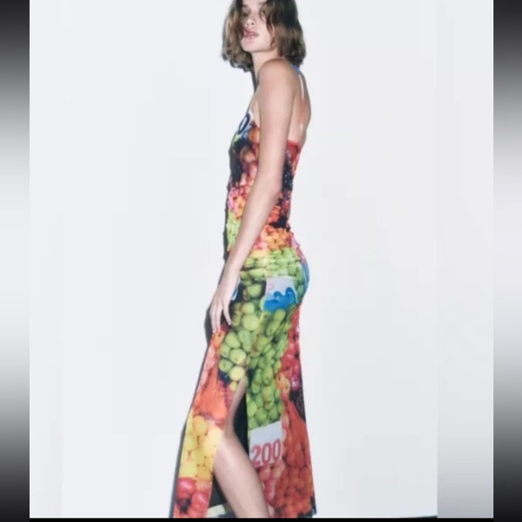 NWT ZARA Ruched Mesh Colorful Fruit Stand Print Midi Dress Sz Medium Blogger M - Picture 5 of 9